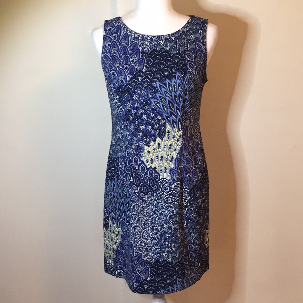 connected apparel Blue and Yellow Patterned Midi Dress